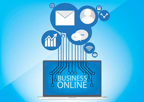 مفهوم کسب و کار آنلاین با آیکونهای مربوطه مفهوم کسب و کار آنلاین با آیکونهای مربوطه