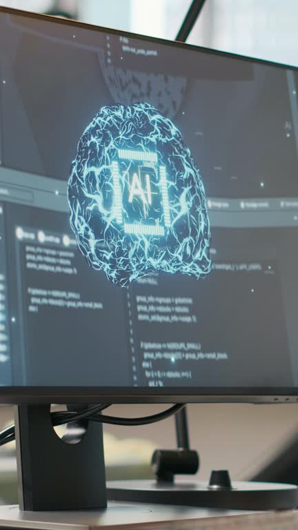 فضای اداری خالی با نمایش شبکه‌های عصبی بر روی کامپیوتر، نمادی از هوش مصنوعی در توسعه وب