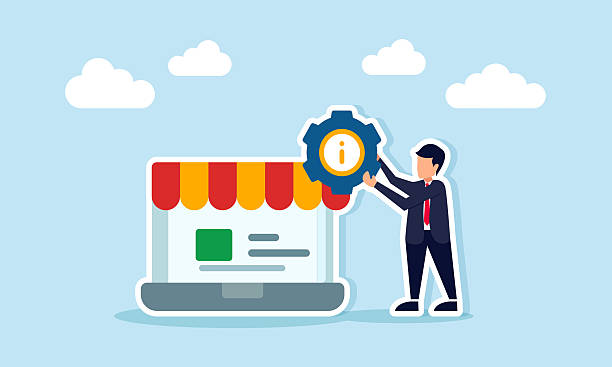 مردی که نمادهای اطلاعات و کسب و کار را در دست دارد