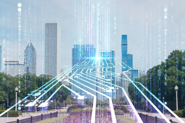 آسمانخراشهای یک شهر هوشمند در حال توسعه نمای شهری مدرن و هوشمند