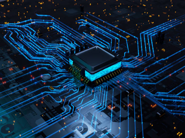 سرعت سایت، LCP، Core Web Vitals تصویری انتزاعی از مدار پردازنده کامپیوتر با المان های 5G، نشان دهنده سرعت در Core Web Vitals