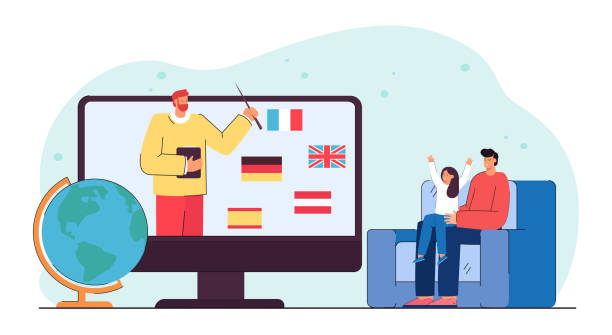 پدر و کودکی که در حال یادگیری زبان خارجی به صورت آنلاین هستند