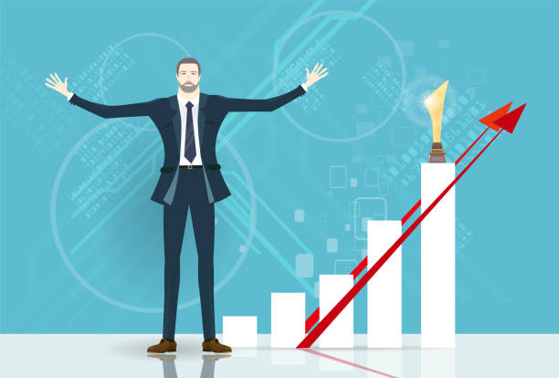 مردی را نشان میدهد که دستهایش را با نمودار رشد و جام الهام گرفته از کسب و کار موفق را در پسزمینه گشاده است.