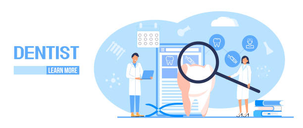 مراحل مختلف ارائه خدمات در بازاریابی آنلاین دندانپزشکی تیم دندانپزشکی در حال ارائه خدمات و کمک به بیمار