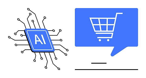 تصویر مفهومی از هوش مصنوعی در فروشگاه آنلاین که یک تراشه AI به سبد خرید متصل است.