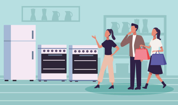 مشتریان در حال بازدید از محصولات در یک فروشگاه لوازم خانگی مدرن، نمونهای از اهمیت سئو محلی برای جذب مشتری حضوری