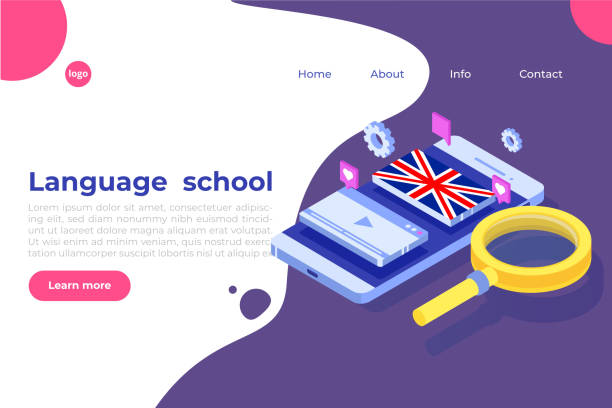 استراتژی سئو آموزشگاه زبان با نمودارها و وکتورهای ایزومتریک برای جذب دانشجو