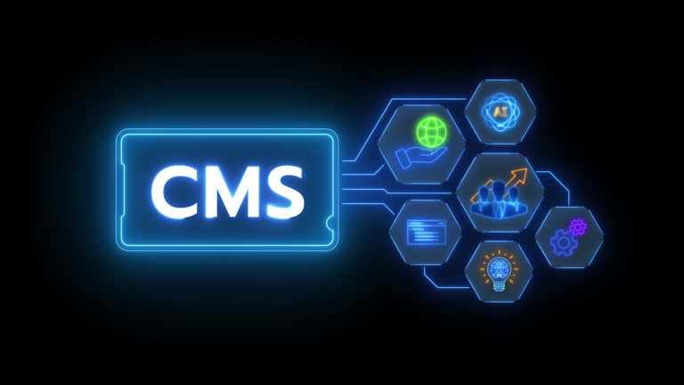 مفهوم سیستم مدیریت محتوا (CMS) برای مدیریت وب سایت کسب و کار با خط نئون درخشان