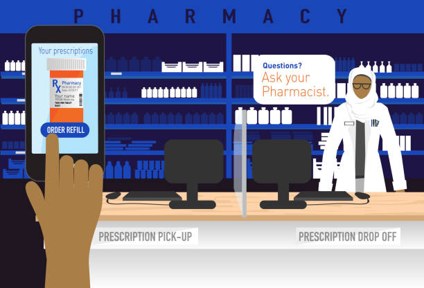 تجربه کاربری داروخانه: تمرکز بر خدمات مشتری داروساز متخصص در حال ارائه خدمات مشاوره در یک داروخانه مدرن