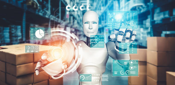 اتوماسیون انبار و ربات‌های هوشمند در حال جابجایی کالا در یک مرکز لجستیک مدرن