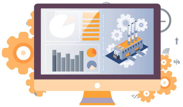 نمایش خط تولید مدرن کارخانه بر روی صفحه مانیتور - نماد اهمیت بهینهسازی سایت صنعتی و سئو فنی