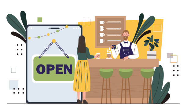 تصویر گرافیکی از یک کافه رستوران مدرن، نمادی از برندینگ دیجیتال موفق برای رستورانها