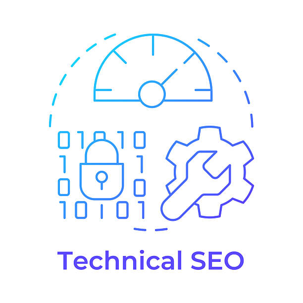 مفهوم سئو فنی با آیکون‌های بهینه‌سازی و تنظیمات فنی سایت