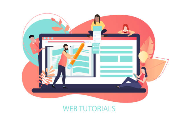 تصویرسازی دیجیتالی از افراد در حال یادگیری و کار با لپتاپ، نشاندهنده دنیای آموزش و فناوری و طراحی سایت موسسه آموزشی