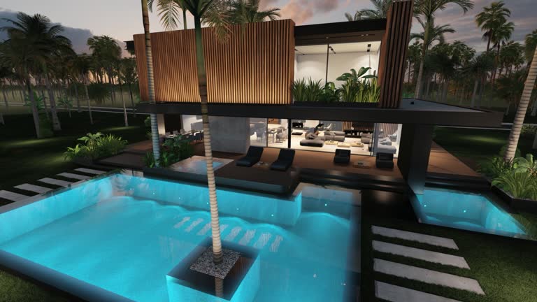 تصویر یک خانه مدرن با نمای چوبی در کنار دریا در غروب - ویلا لوکس، معماری هوشمند، طراحی سایت ویلا