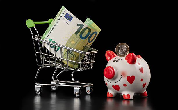 یک سکه ۱ یورویی، یک قلک و یک اسکناس ۱۰۰ یورویی در یک گاری خرید مینیاتوری، نماد سرمایهگذاری و مدیریت مالی در بازار سرمایه با دیجیتال مارکتینگ