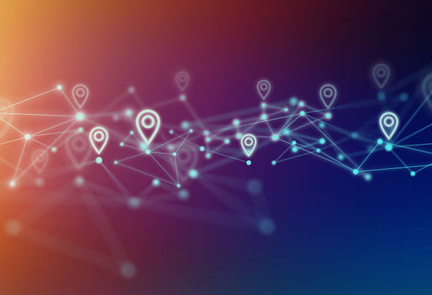 نقشه جهانی با نماد پین و شبکه بلاکچین به عنوان نمادی برای نرم افزار لجستیک بلاکچین در مدیریت زنجیره تامین دریایی