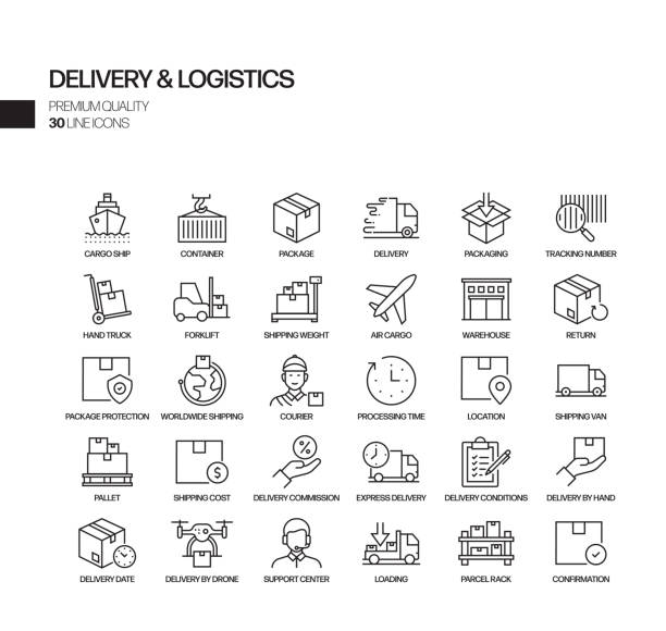 مجموعهای از آیکونهای خطی مربوط به تحویل و لجستیک برای ردیابی محصول بلاکچین در صادرات گلاب