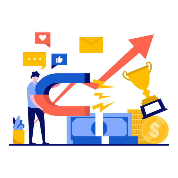 مفهوم کسب و کار جهانی با آهنربای بزرگ و شخصیت کوچک - جذب پروژه بینالمللی و موفقیت