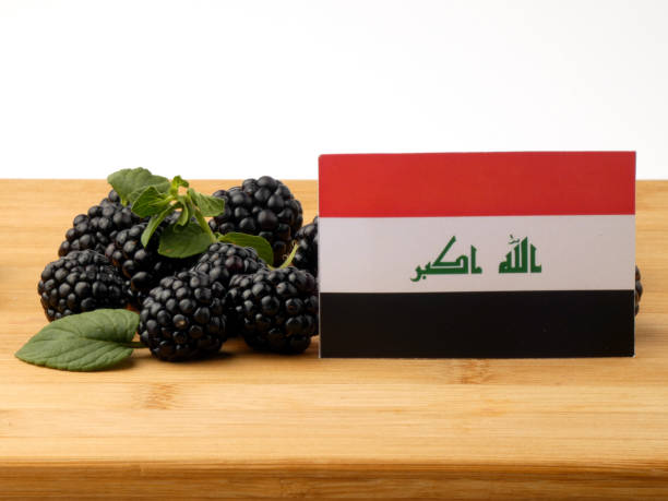 پرچم عراق روی زمینه چوبی با تم محصولات کشاورزی - استراتژی سئو دوزبانه و برندینگ دیجیتال برای تجارت با عراق و صادرات محصولات کشاورزی از کرمانشاه