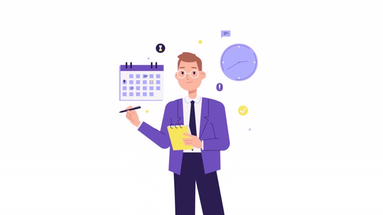 انیمیشن کاراکتر تاجر با تقویم و ساعت، نشان دهنده برنامه ریزی دقیق برای طراحی وبسایت و استراتژی تولید محتوا