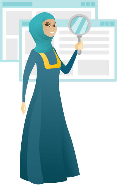 زن مسلمان تاجر با ذرهبین در حال بررسی - سئو عربی، بازاریابی دیجیتال طلا، جذب مشتری آنلاین