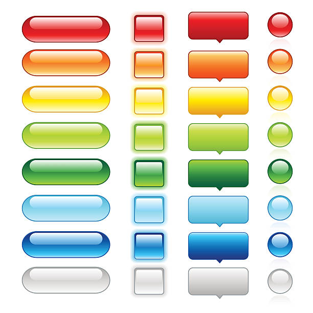 مجموعه دکمههای وب براق و رنگارنگ، نشانگر CTA و عناصر تعاملی در طراحی تجربه کاربری