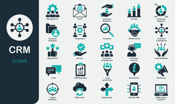 نمادی از آیکونهای مدیریت ارتباط با مشتری (CRM)، ابزاری حیاتی برای قنادیهای سنتی یزد برای مدیریت وفاداری مشتریان آنلاین