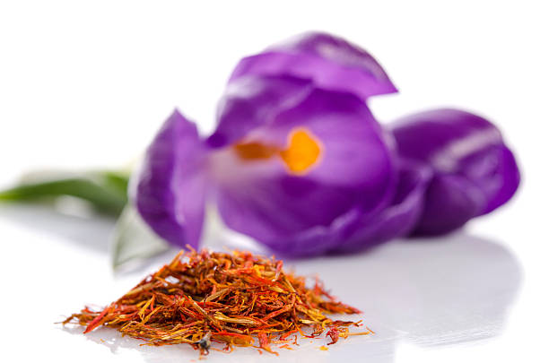 گل زعفران با تودهای از زعفران جدا شده روی پسزمینه سفید - تضمین اصالت زعفران و کیفیت زعفران صادراتی