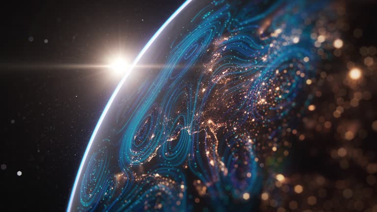 خطوط داده در حال ظهور بر فراز کره زمین، طلوع خورشید از فضا - تضمین تجارت ۲۴ ساعته در بندر بوشهر، نقش حیاتی پشتیبانی سایت و امنیت سایبری در برندینگ دیجیتال شرکتهای لجستیک دریایی