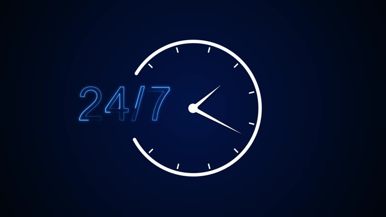 ساعت دیجیتال و آنالوگ نشان دهنده خدمات ۲۴ ساعته، تضمین تجارت ۲۴ ساعته، پشتیبانی سایت و امنیت سایبری برای شرکتهای لجستیک دریایی بوشهر