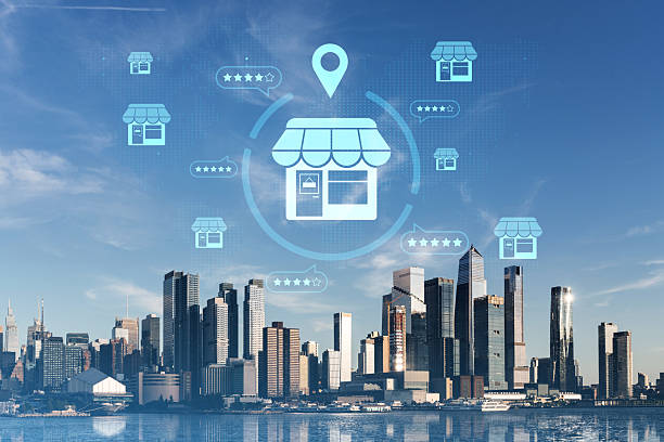 آیکونهای ویترین دیجیتال بر فراز افق شهر مدرن - پایان گرمای طاقتفرسای اهواز: استراتژی پشتیبانی سایت و سئو فوق محلی مبتنی بر IoT برای خدمات هوشمند تعمیر کولر، وبسایت فروشگاهی، استراتژی دیجیتال خدمات