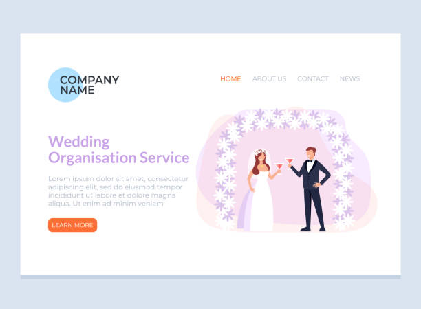 تصویر وکتور از عروس و داماد با نمادهای دیجیتال و آنلاین - برندینگ دفاتر ازدواج، بازاریابی دیجیتال ازدواج