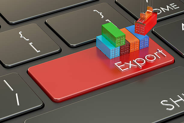 مفهوم صادرات و حمل و نقل روی صفحه کلید، رندر سه بعدی - تضمین اصالت زعفران و برندینگ دیجیتال صادرکنندگان