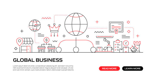 بنر وب کسب و کار جهانی با آیکونهای خطی و استایل مدرن برای معرفی برندینگ دیجیتال