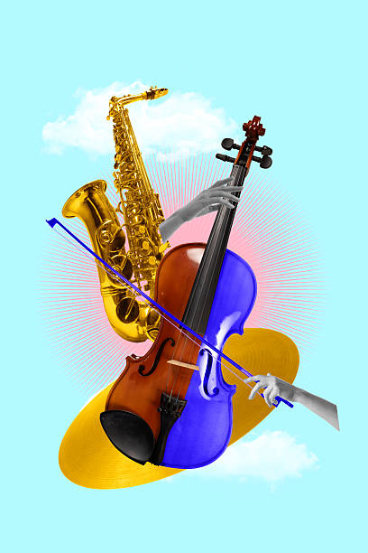 طراحی سورئال با ساکسیفون طلایی و ویولن آبی، نقش طراحی سایت با واقعیت افزوده و سئو تصویری در برندینگ دیجیتال کارگاههای طلا و هنر
