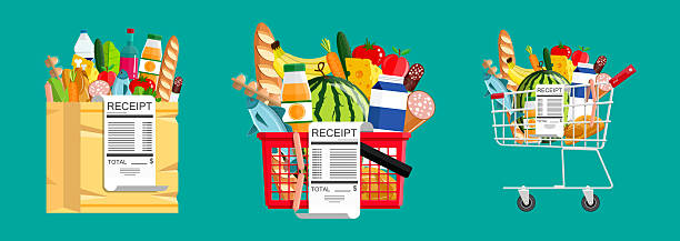 سبد خرید مجازی و مواد غذایی، نمادی از فروش آنلاین زیتون و چای و تجارت الکترونیک محصولات غذایی