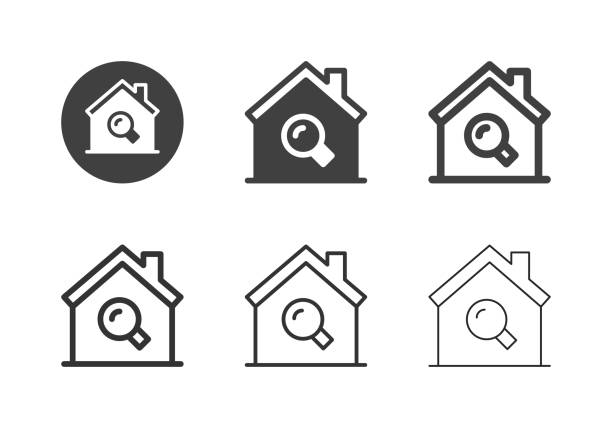 مجموعهای از آیکونهای جستجوی خانه و مهاجرت، نمادی از فرآیندهای پیچیده مهاجرتی که توسط سئو دوزبانه تسهیل میشود