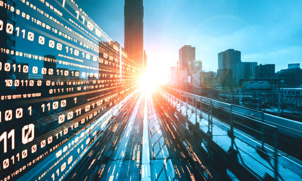 دادههای دیجیتال در جادهای با تاری حرکت برای ایجاد چشمانداز انتقال سریع، نمادی از سرعت و تحول در دیجیتال مارکتینگ و پورتال امن دفاتر ازدواج.