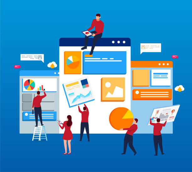 کارآفرینان در حال ساخت یک صفحه وب، نمادی از طراحی وبسایت و برندینگ دیجیتال برای آژانسهای تبلیغاتی جهت جذب مشتری و استراتژی تبلیغاتی نوین