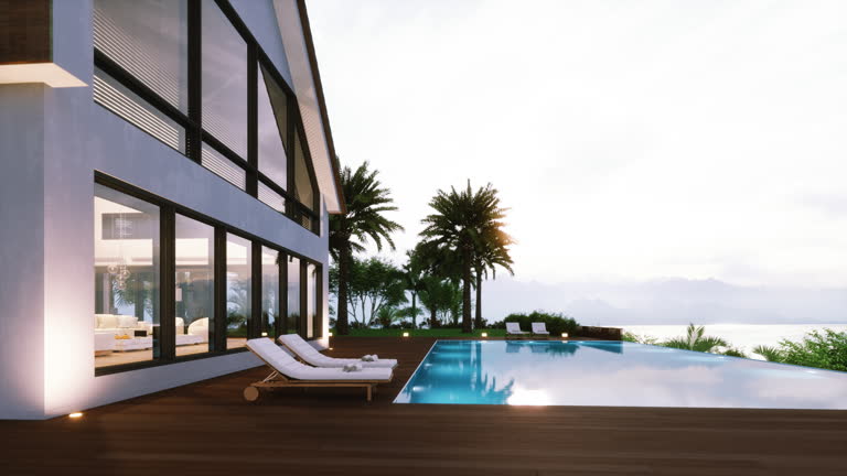 معماری اعتماد در بازار ویلاهای لوکس: ویلای لوکس با استخر بینهایت، نمادی از طراحی منحصر به فرد. استراتژی سئو تصویری و طراحی تجربه کاربری.