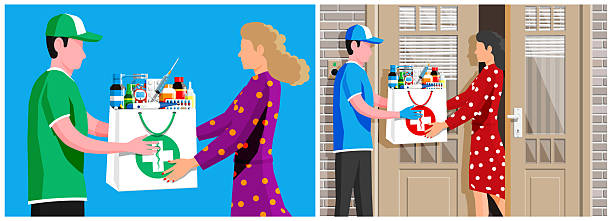 پیک تحویل دهنده بسته دارو به یک زن، نمادی از فروش آنلاین محصولات سنتی و خدمات رسانی آنلاین در عطاری آنلاین