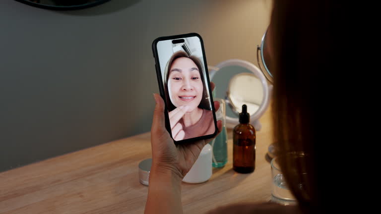 فراتر از زیبایی در پایتخت سلامت ایران: استراتژی بهینهسازی تجربه کاربری (UX) و مشاوره دیجیتال مارکتینگ برای کلینیکهای پوست و مو در شیراز - زن در حال استفاده از اپلیکیشن هوشمند زیبایی برای ماساژ صورت