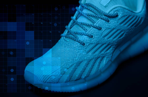 بخشی از کتانی روی پس زمینه آبی با خط کش هندسی برای اندازه گیری و بررسی - سئو کارخانجات کفش تبریز و بهینه سازی محصول