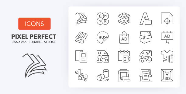 مجموعهای از آیکونهای خطی مربوط به صنعت چاپ، که نماد ویژگیهای یک وبسایت طراحیشده برای صنعت چاپ و بستهبندی با یکپارچهسازی CRM و بهینهسازی تجربه کاربری و سئو B2B است.