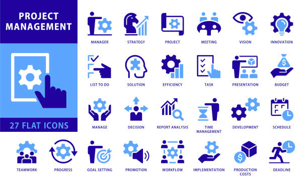مجموعهای از آیکونهای مدیریت پروژه - مدیریت باشگاه هوشمند، سیستم یکپارچه باشگاه، نرم افزار مدیریت باشگاه بدنسازی