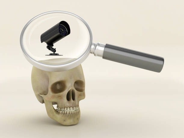 دوربین امنیتی با جمجمه و ذرهبین، نمادی از اهمیت تحلیل دادهها و امنیت در استراتژیهای بازاریابی دیجیتال و حفاظت از اطلاعات هنرمندان