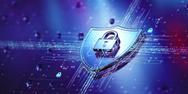 معماری اعتماد در پایتخت مالی ایران - مفهوم سیستم امنیتی چند سطحی با نماد قفل و سپر