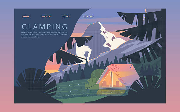 یک صفحه فرود با طراحی ساده و زیبا برای اقامتگاههای بومگردی، با نمایی از چادر در کوهستان شبانه، نشاندهنده آرامش و طبیعتگردی که با طراحی سایت با هوش مصنوعی میتواند تجربه کاربری شخصیسازی شده ارائه دهد و به برندینگ اقامتگاه بومگردی کمک کند.