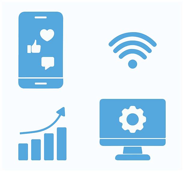 تصویر گوشی هوشمند با نمادهای شبکههای اجتماعی و فناوری دیجیتال - بازاریابی دیجیتال شیلات، سئو B2B آبزی پروری، برندینگ دیجیتال مزارع ماهی